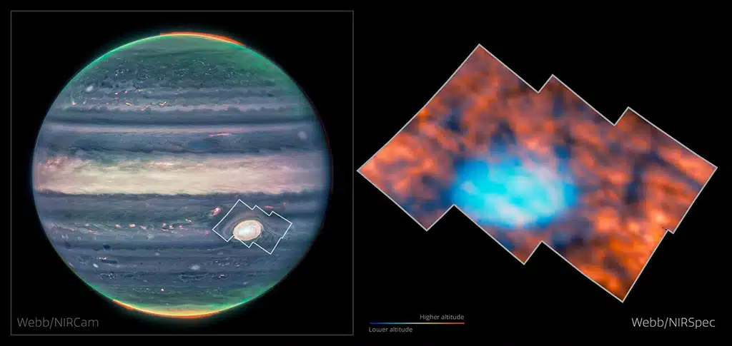 Esta gráfica muestra la región observada por Webb: primero su ubicación en una imagen NIRCam del planeta completo (izquierda), y la región en sí misma (derecha), capturada por el Espectrógrafo de Infrarrojo Cercano (NIRSpec) del Webb.
