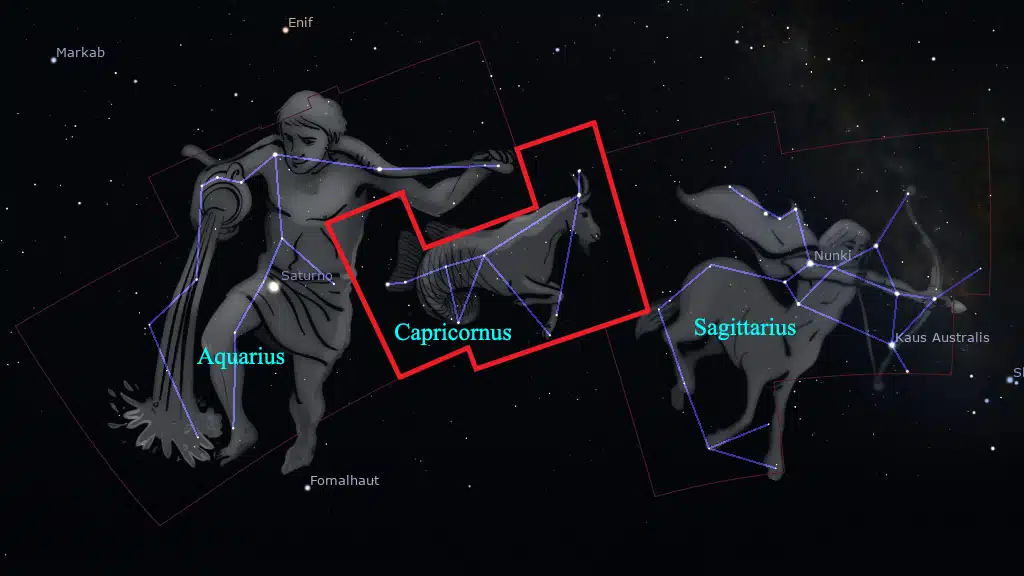 La Constelación de Capricornus (Capricornio) está ubicada entre Aquarius (Acuario) al este y Saggitarius (Sagitario) al oeste.