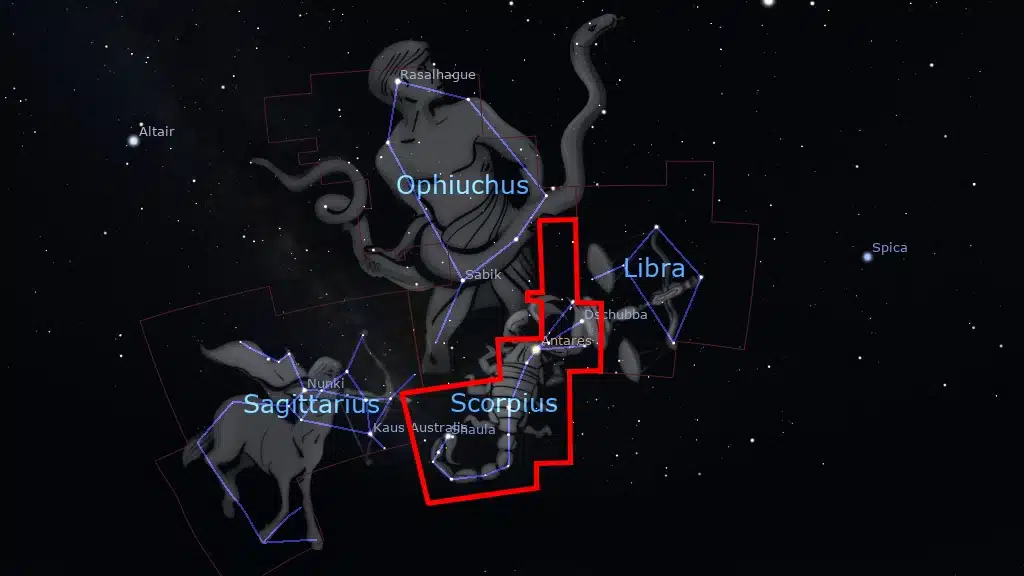 La constelación de Escorpio (el Escorpión) se encuentra entre Libra al oeste, Sagitario al este y Ofiuco al norte.
