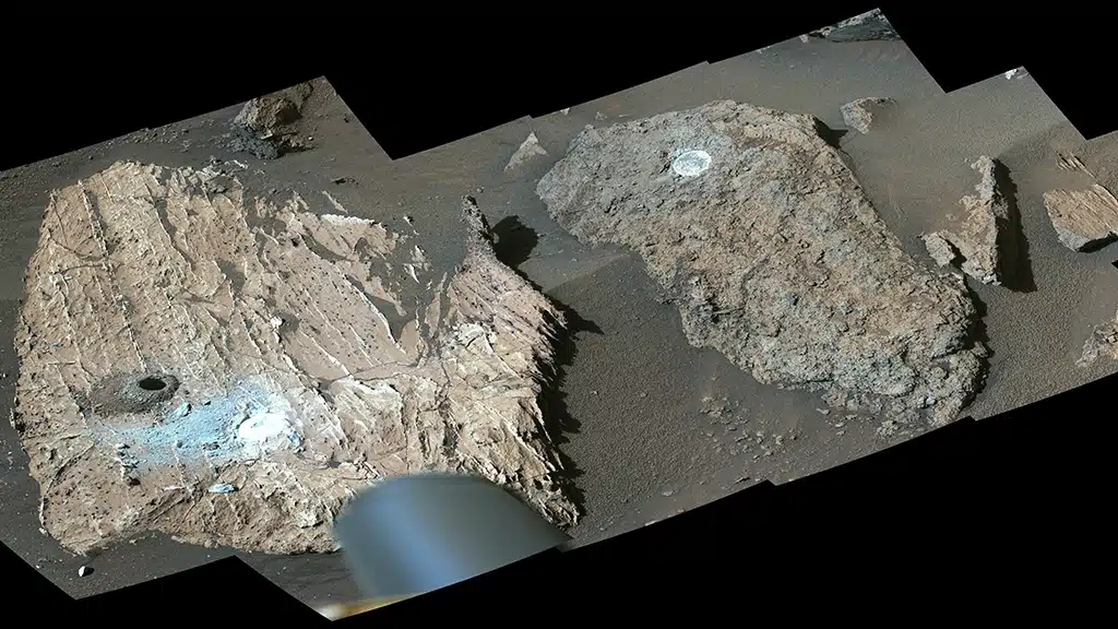 "Cheyava Falls" (izquierda) muestra el agujero donde el rover Perseverance de la NASA tomó una muestra de núcleo. La mancha blanca muestra dónde el rover erosionó la roca para investigar su composición. Una roca apodada "Steamboat Mountain" (derecha) también muestra una mancha de abrasión. Crédito: NASA/JPL-Caltech/ASU/MSSS.
