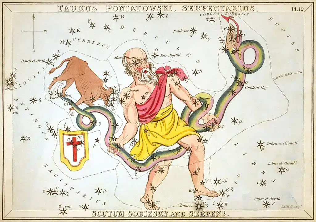 Sobre Serpens Cauda aparece representada, con la imagen de un toro, la obsoleta constelación de Taurus Poniatovii.