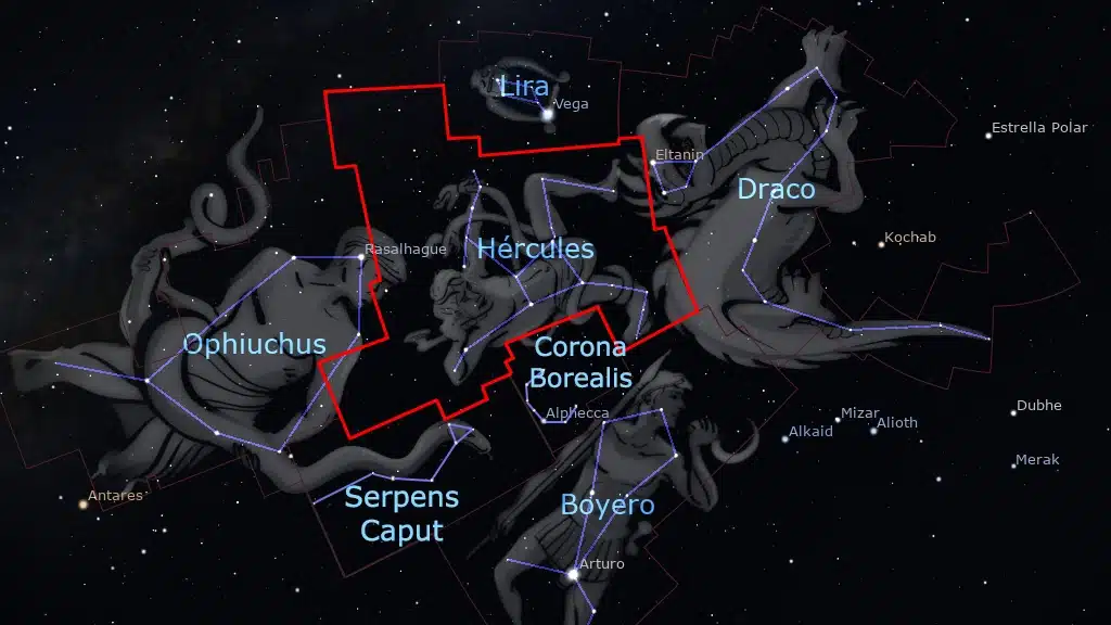 La constelación de Hércules limita con Ofiuco al sur. Draco al norte. Boyero, Serpens Caput y Corona Borealis al Oeste. Lira, Vulpecula, Sagitta y Aquila al oeste.