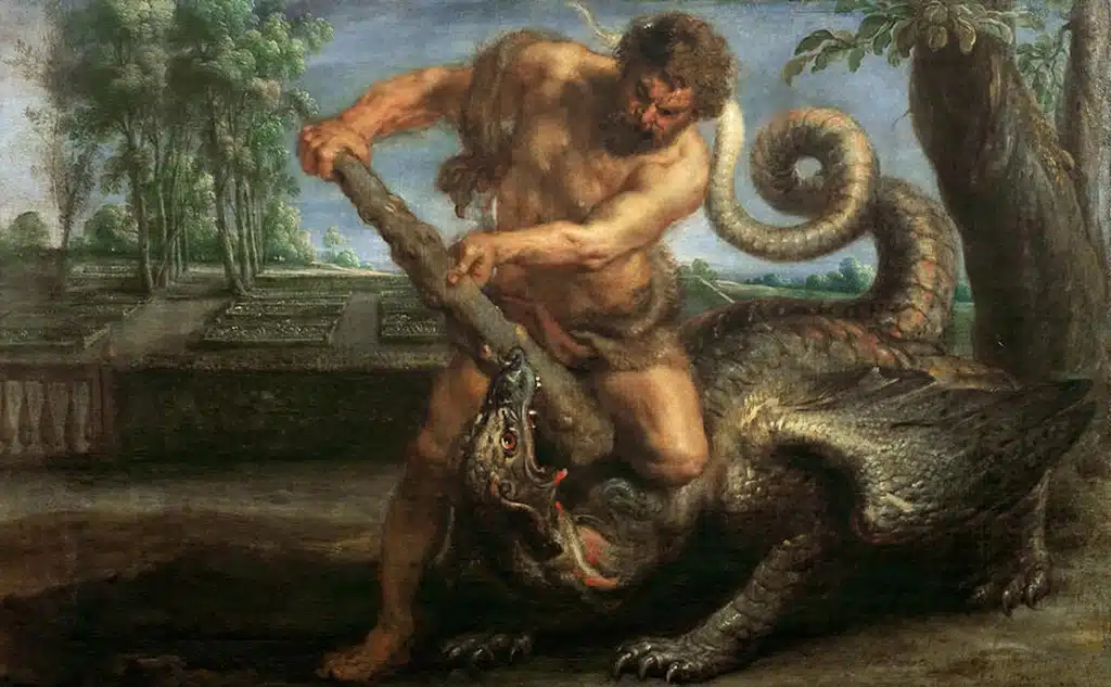 Hércules (Heracles) mata a Ladón, el dragón custodio del jardín de las Hespérides.