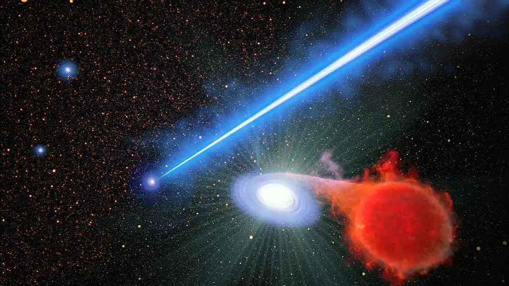 Astrónomos han descubierto que un chorro de plasma, proveniente de un agujero negro supermasivo en el núcleo de M87, parece estar causando erupciones estelares a lo largo de su trayectoria.