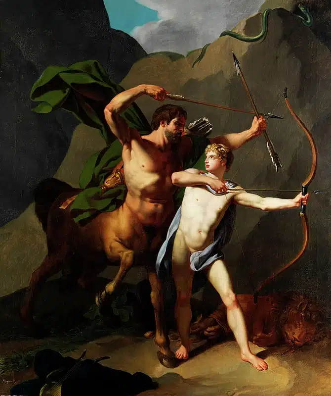 El centauro Quirón instruye a Aquiles en el manejo del arco.
