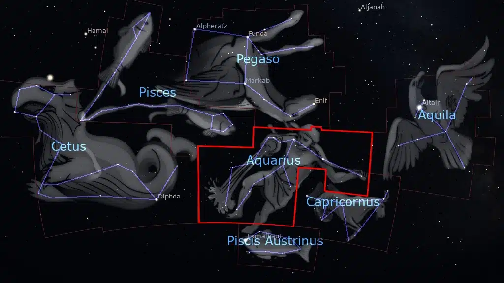 La constelación de Acuario (Aquarius) está situada entre Pisces y Cetus al este y Capricornio y Aquila al oeste. Al norte está Pegaso y al sur Piscis Austrinus.