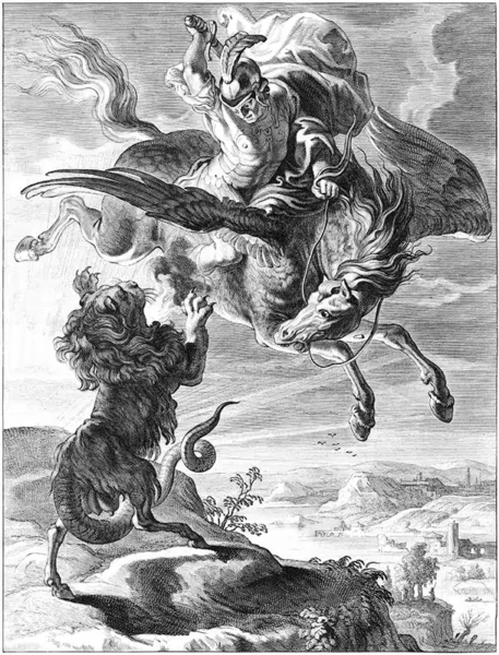 Constelación de Pegaso (Pegasus): Ilustración que muestra una escena de la mitología griega, donde Belerofonte lucha contra la monstruosa Quimera con la ayuda Pegaso, su caballo alado.