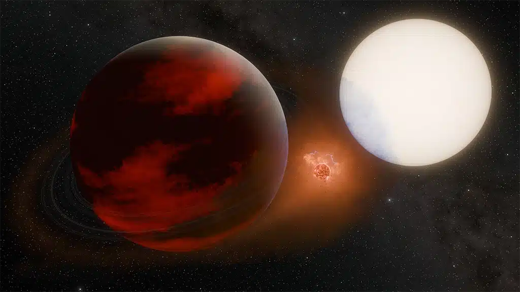 Ilustración de una posible exoluna volcánica entre el exoplaneta WASP-49 b, a la izquierda, y su estrella madre.