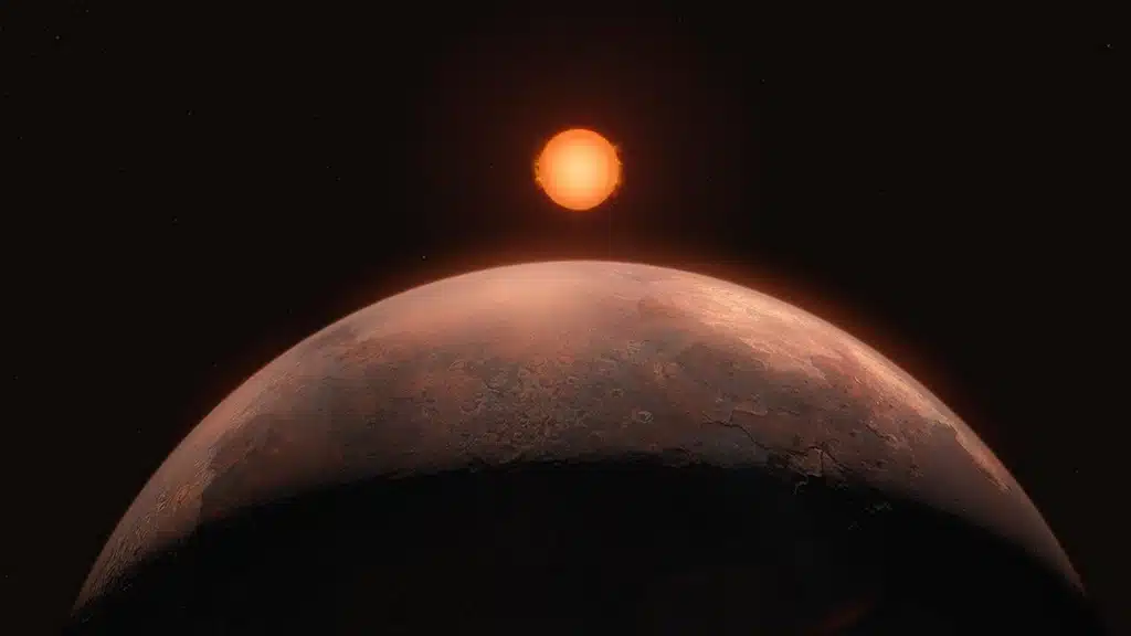 Impresión artística que muestra a Barnard b, un exoplaneta con una masa inferior a la de la Tierra, orbitando la estrella de Barnard.