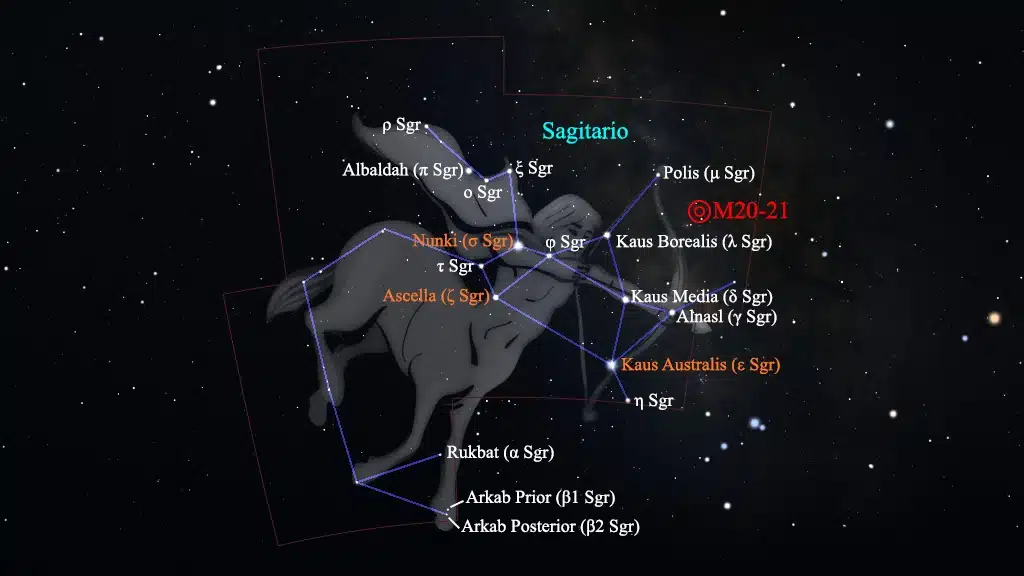 Constelación de Sagitario (Sagittarius): Nebulosa "Trífida" (M20) (NGC 6514) y Cúmulo M21 (NGC 6531).