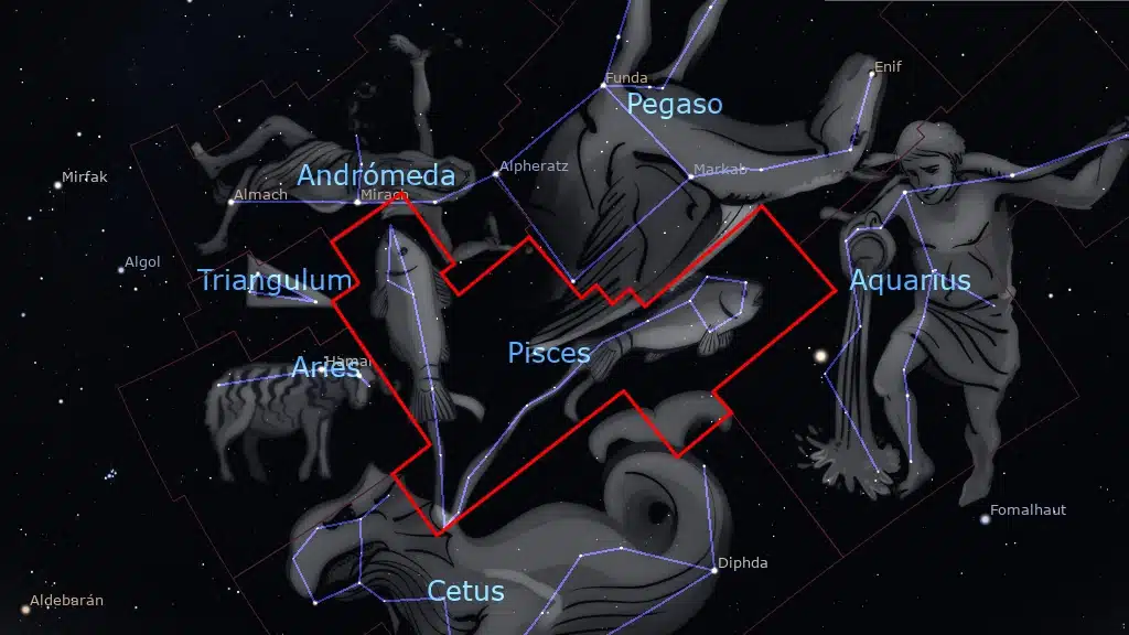 La constelación de Piscis (Pisces) está situada entre Andrómeda, Triángulo y Aries al norte y Acuario al Sur, con Pegaso al oeste y Ballena al este.