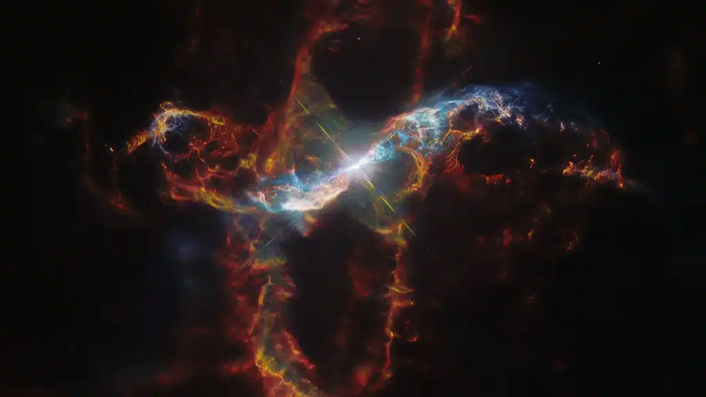 Imagen de R Aquarii, una estrella binaria simbiótica que se encuentra a solo unos 700 años luz de la Tierra en la constelación de Acuario. Este es un tipo de sistema estelar binario que consiste en una enana blanca y una gigante roja, rodeadas por una gran nebulosa en evolución.
