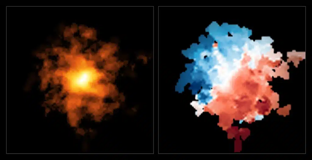 Imagen de la galaxia REBELS-25 capturada por el Atacama Large Millimeter/submillimeter Array (ALMA). El panel izquierdo ilustra cómo se distribuye el gas frío en la galaxia, al tiempo que muestra indicios de una estructura alargada en su centro. El panel derecho muestra el movimiento del gas frío en la galaxia. El color azul indica movimiento hacia la Tierra y el rojo indica movimiento en sentido contrario, siendo un tono más oscuro representativo de un movimiento más rápido. En este caso, la división rojo-azul de la imagen muestra claramente que el objeto está en rotación, lo que convierte a "REBELS-25" en la galaxia más distante de disco en rotación jamás descubierta.