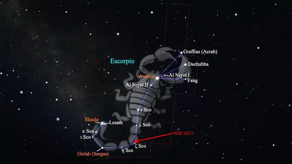 Constelación de Escorpio (el Escorpión): Cúmulo "Joyero del Norte" (NGC 6231) (Caldwell 76).
