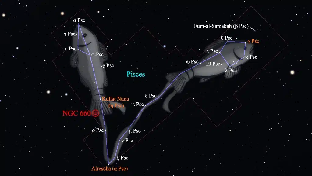Constelación de Piscis (Pisces): NGC 660, galaxia.