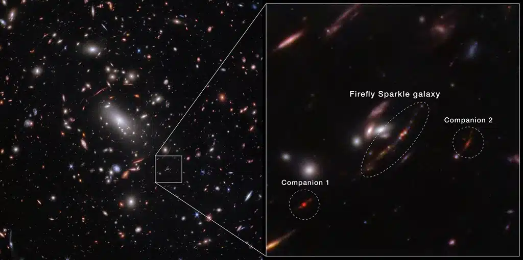 Imagen de la galaxia Firefly Sparkle, distorsionada en forma de arco alargado por efecto de lente gravitatoria. Pueden observarse los 10 cúmulos estelares en el interior esta galaxia en forma de pequeños puntos brillantes de luz y sus dos galaxias compañeras cercanas.