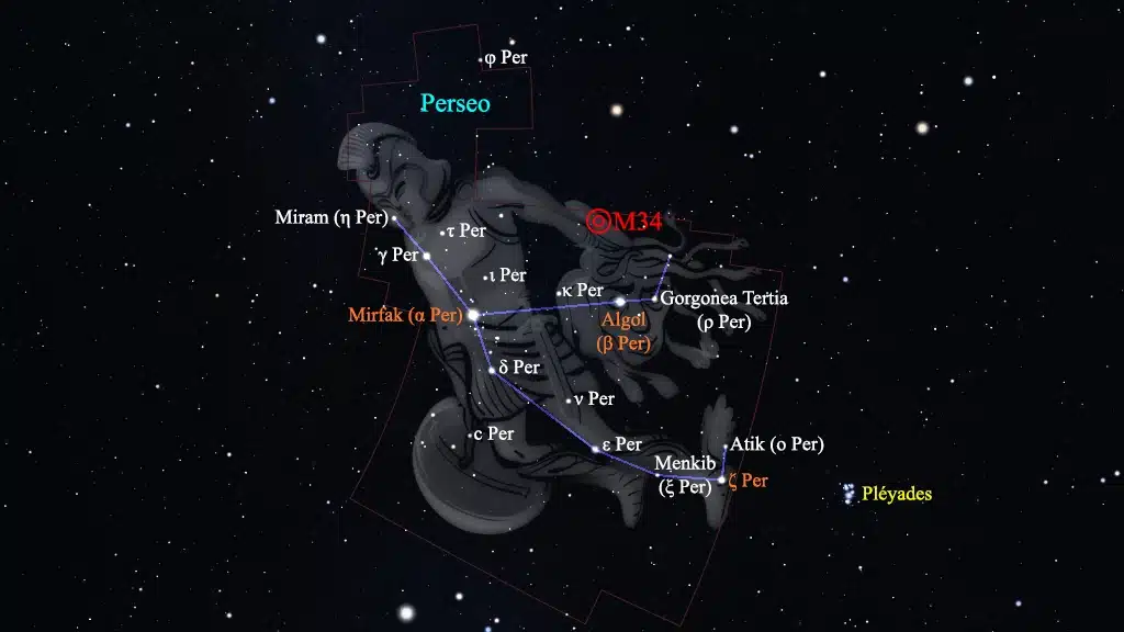 Constelación de Perseo (Perseus): M34 (NGC 1039), cúmulo abierto.