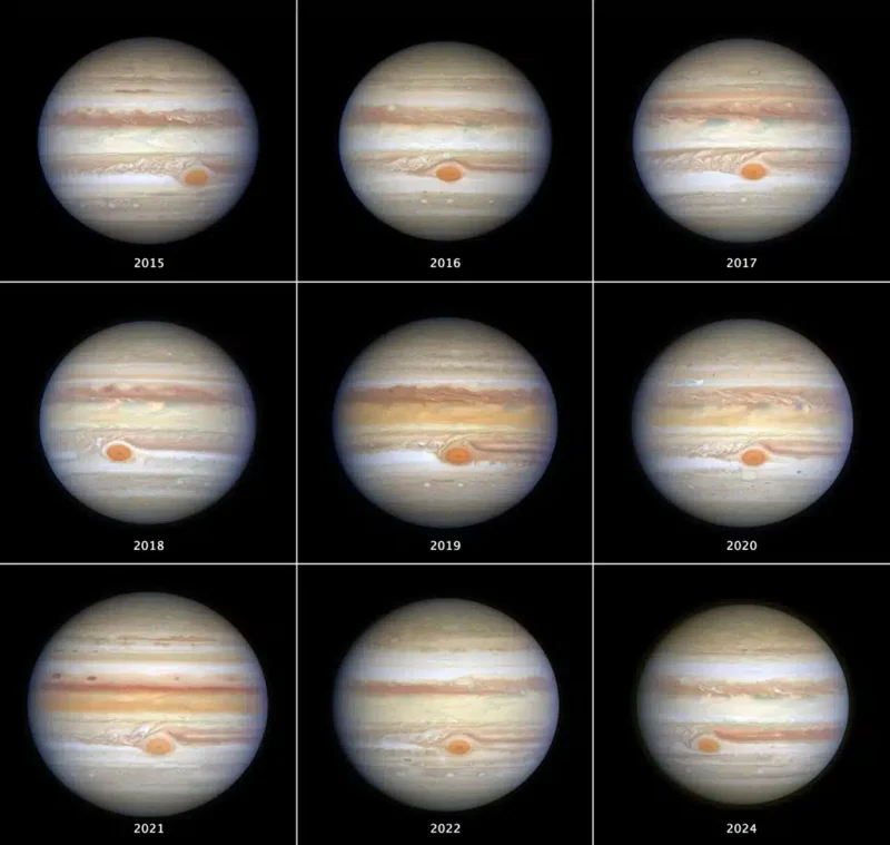 Planetas exteriores: Collage de nueve paneles que muestra imágenes de Júpiter tomadas por el Hubble bajo el programa OPAL (Outer Planet Atmospheres Legacy) entre 2015 y 2024. OPAL ha estudiado durante este tiempo la Gran Mancha Roja (GRS) y otros cambios notables en la estructura estratificada de zonas y bandas de Júpiter.