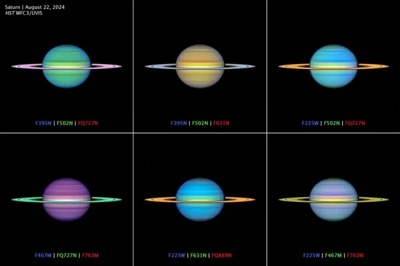 Una serie de imágenes de Saturno muestra datos reales obtenidos con múltiples filtros asignados a los colores RGB perceptibles para el ojo humano. Cada combinación de filtros resalta las sutiles diferencias en la altitud o composición de las nubes. Los espectros infrarrojos de la misión Cassini sugirieron que las partículas de aerosol de Saturno podrían tener una diversidad química aún más compleja que las de Júpiter.