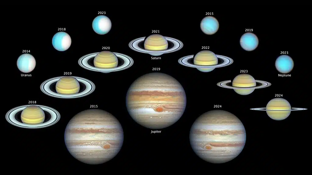 Montaje de imágenes del telescopio espacial Hubble de los cuatro planetas exteriores de nuestro sistema solar: Júpiter, Saturno, Urano y Neptuno. Las imágenes se tomaron durante casi 10 años, desde 2014 hasta 2024. Este largo período de observación permite a los astrónomos rastrear los cambios estacionales en la atmósfera turbulenta de cada planeta, con una nitidez comparable a la de las sondas planetarias de la NASA de la década de 1980. Estas imágenes se obtuvieron bajo un programa llamado OPAL (Outer Planet Atmospheres Legacy).