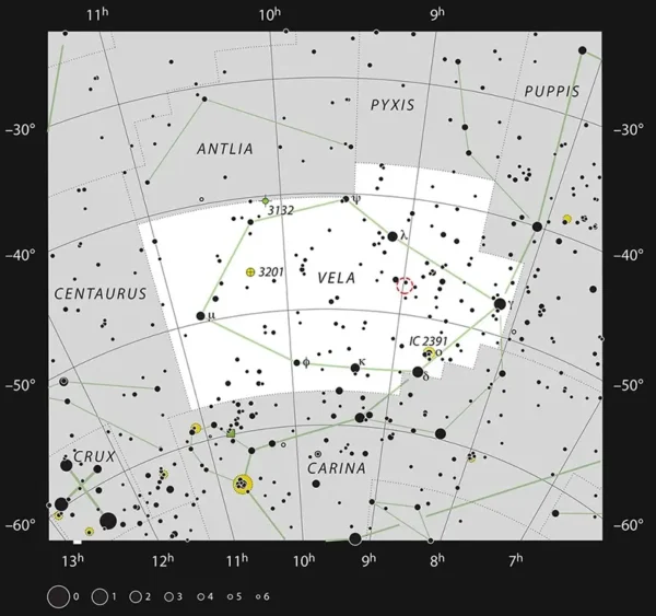 Mapa que muestra la ubicación de la región de formación estelar RCW 38 en la constelación de Vela.