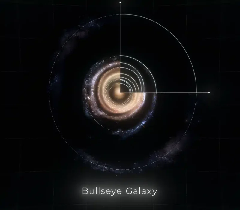 Esta ilustración muestra la gigantesca galaxia "Bullseye" vista de frente. Los círculos punteados indican la ubicación de cada uno de sus anillos, que se formaron como ondas en un estanque después de que una galaxia enana azul atravesara su núcleo hace unos 50 millones de años.