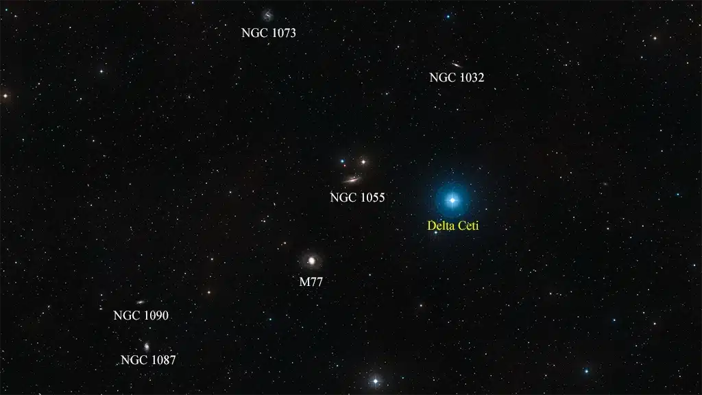 Grupo de M77 (M77, NGC 1055 y NGC 1073) y otras galaxias en la constelación de Cetus (La Ballena). Crédito: ESO.