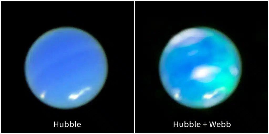 A la izquierda, una imagen de Neptuno en color mejorado tomada por el Telescopio Espacial Hubble. A la derecha, esa imagen se combina con datos del Telescopio Espacial James Webb. Las manchas cian, que representan las auroras de Neptuno, y las nubes blancas provienen del Espectrógrafo de Infrarrojo Cercano (NIRSpec) del Webb, superpuestas sobre la imagen completa del planeta obtenida con la Cámara de Gran Angular 3 del Hubble.