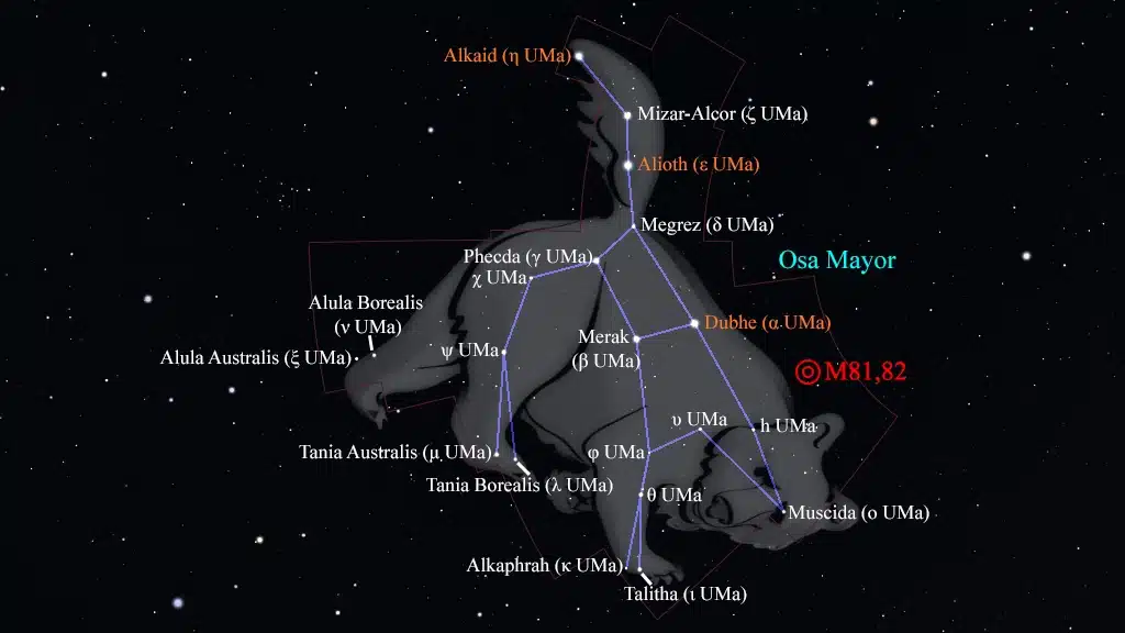 Constelación de la Osa Mayor (Ursa Major): Galaxia "de Bode" (M81) (NGC 3031) y Galaxia "del Cigarro" (M82) (NGC 3034).