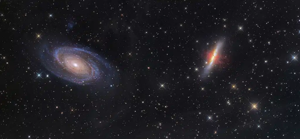 M81 (NGC 3031), galaxia "de Bode" y M82 (NGC 3034), galaxia "del Cigarro". Crédito: Hanson Astronomy.