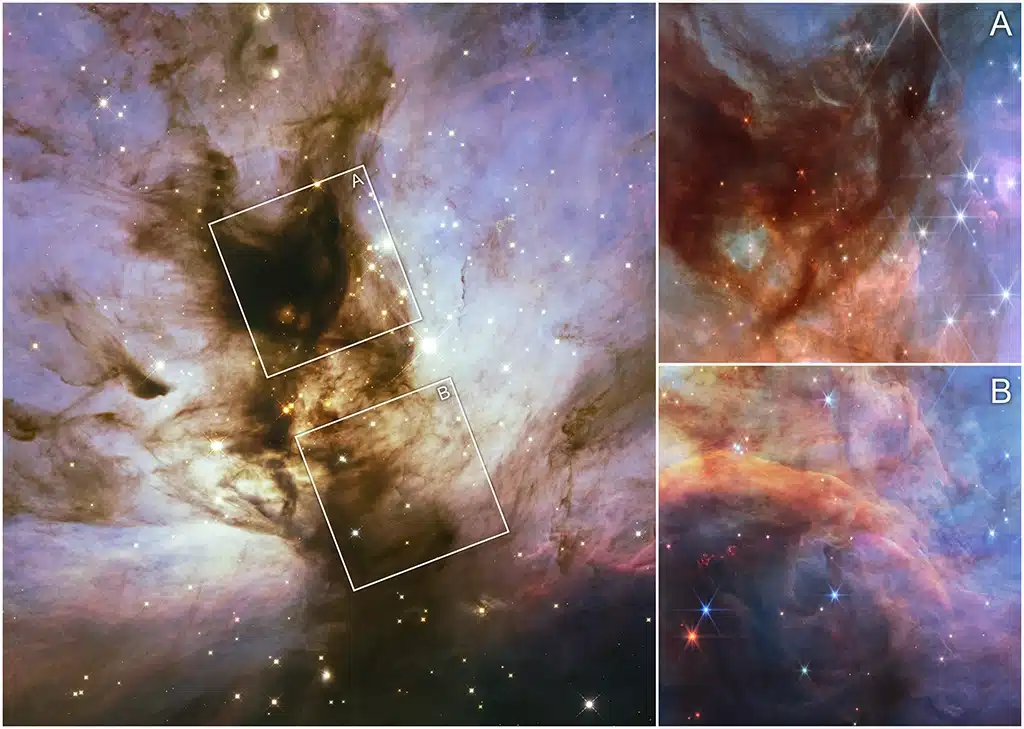 A la izquierda, se muestra una imagen en luz infrarroja cercana de la Nebulosa de la LLama captada por el Hubble, mientras que los dos recuadros a la derecha muestran imágenes en el infrarrojo cercano obtenidas por el Webb. Gran parte del gas y polvo oscuro y denso, así como las nubes blancas que rodean la imagen del Hubble, han sido despejadas en las imágenes del Webb, lo que nos permite observar una nube más translúcida atravesada por objetos que emiten en el infrarrojo, como estrellas jóvenes y enanas marrones.