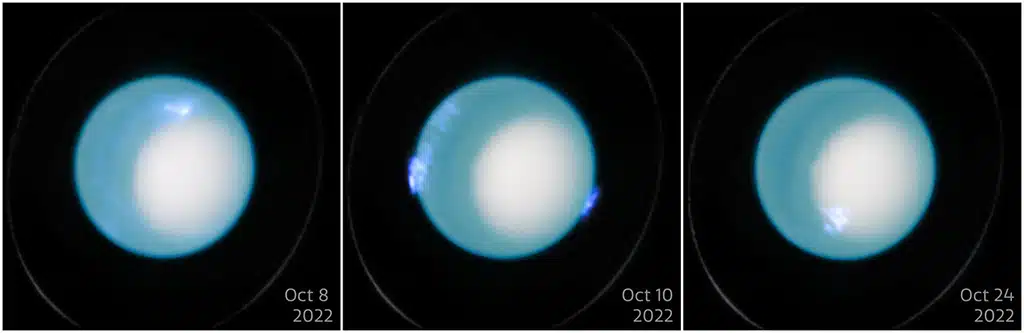Tres imágenes de la aurora dinámica en Urano tomadas por el Telescopio Espacial Hubble en octubre de 2022. Las observaciones fueron realizadas con el Espectrógrafo de Imágenes del Telescopio Espacial (STIS) e incluyen datos tanto en el visible como en el ultravioleta.