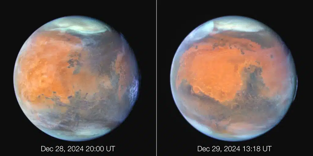 Combinación de imágenes de Marte tomadas por el Telescopio Espacial Hubble entre el 28 y el 30 de diciembre de 2024. En el punto medio de las observaciones, Marte se encontraba aproximadamente a 98 millones de kilómetros de la Tierra. Finas nubes de hielo de agua, visibles en luz ultravioleta, le dan al Planeta Rojo una apariencia helada. El gélido casquete polar norte estaba experimentando el inicio de la primavera marciana.