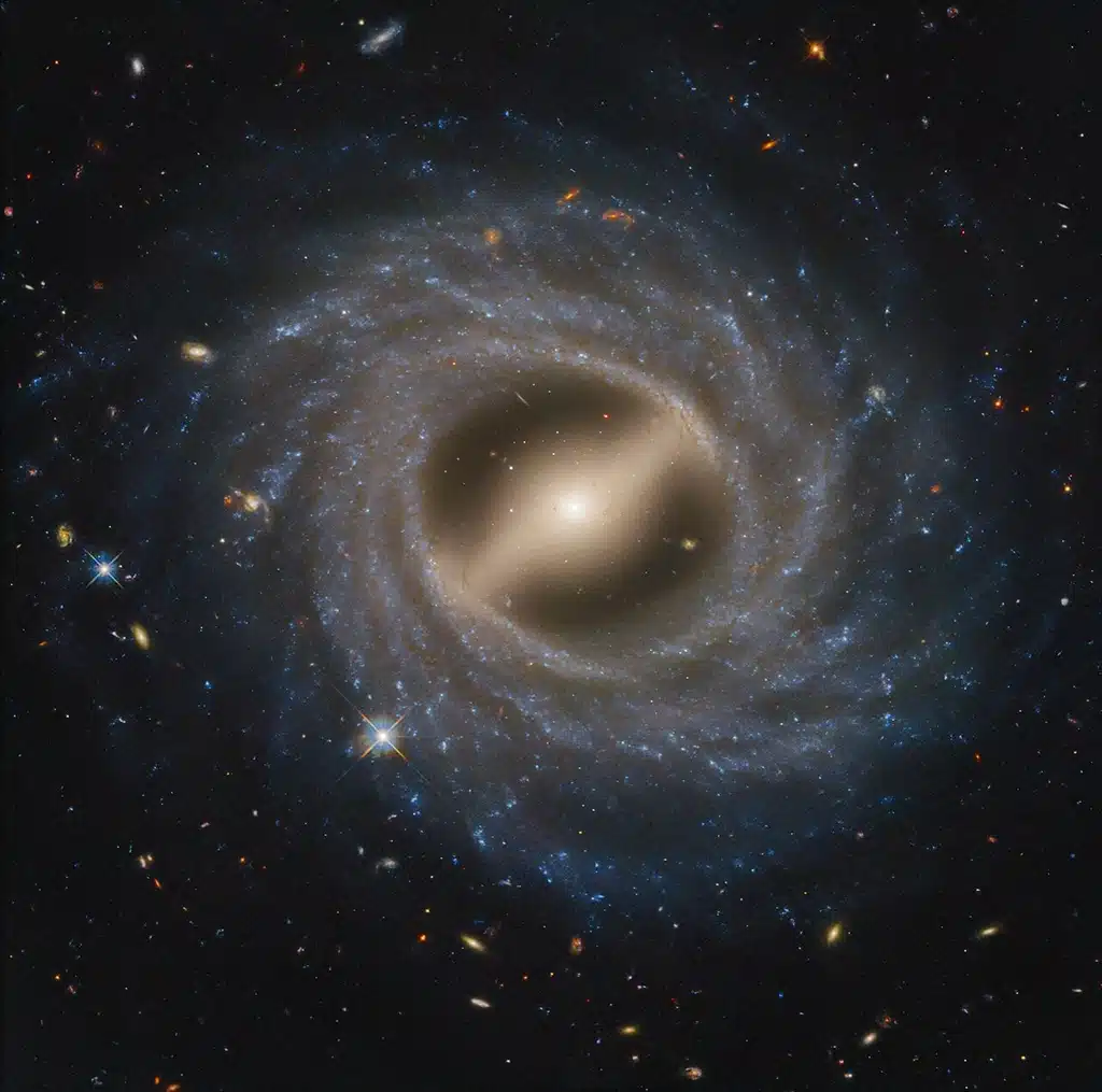 El Telescopio Espacial Hubble captó con exquisito detalle una vista frontal de una galaxia de aspecto notable. NGC 5335 está categorizada como una galaxia espiral floculenta, con corrientes irregulares de formación estelar a lo largo de su disco. Presenta una notable ausencia de brazos espirales bien definidos, comunes en muchas galaxias, incluida nuestra Vía Láctea. Una estructura de barra destacada atraviesa el centro de la galaxia. La barra canaliza gas hacia el núcleo galáctico, alimentando la formación de nuevas estrellas. Estas barras son estructuras dinámicas en las galaxias y pueden aparecer y desaparecer en intervalos de unos dos mil millones de años. Se observan en aproximadamente el 30 % de las galaxias conocidas, incluida nuestra propia Vía Láctea.