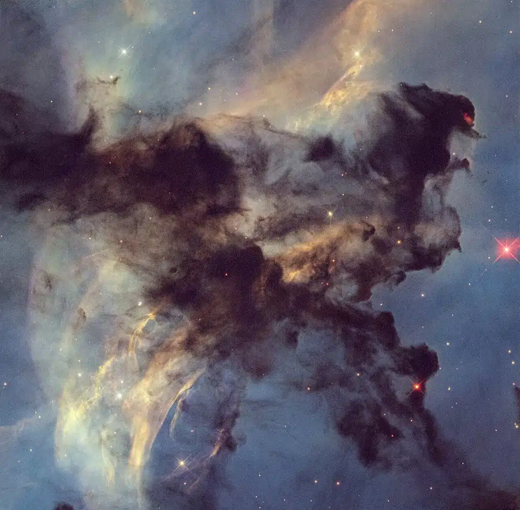 Fotografía del Telescopio Espacial Hubble que muestra una pequeña porción de la Nebulosa de la Roseta, una vasta región de formación estelar que abarca 100 años luz y se encuentra a 5.200 años luz de distancia. Hubble amplía una pequeña sección de la nebulosa que mide solo 4 años luz de ancho (aproximadamente la distancia entre nuestro Sol y el sistema estelar vecino Alfa Centauri). Nubes oscuras de gas de hidrógeno mezcladas con polvo se recortan en silueta a lo largo de la imagen. Estas nubes están siendo erosionadas y modeladas por la intensa radiación del cúmulo de estrellas más grandes en el centro de la nebulosa (NGC 2244). Una estrella incrustada, visible en la punta de una nube oscura en la parte superior derecha de la imagen, está lanzando chorros de plasma que impactan contra la nube fría que la rodea. La onda de choque resultante produce un resplandor rojizo. Los colores provienen de la presencia de hidrógeno, oxígeno y nitrógeno.