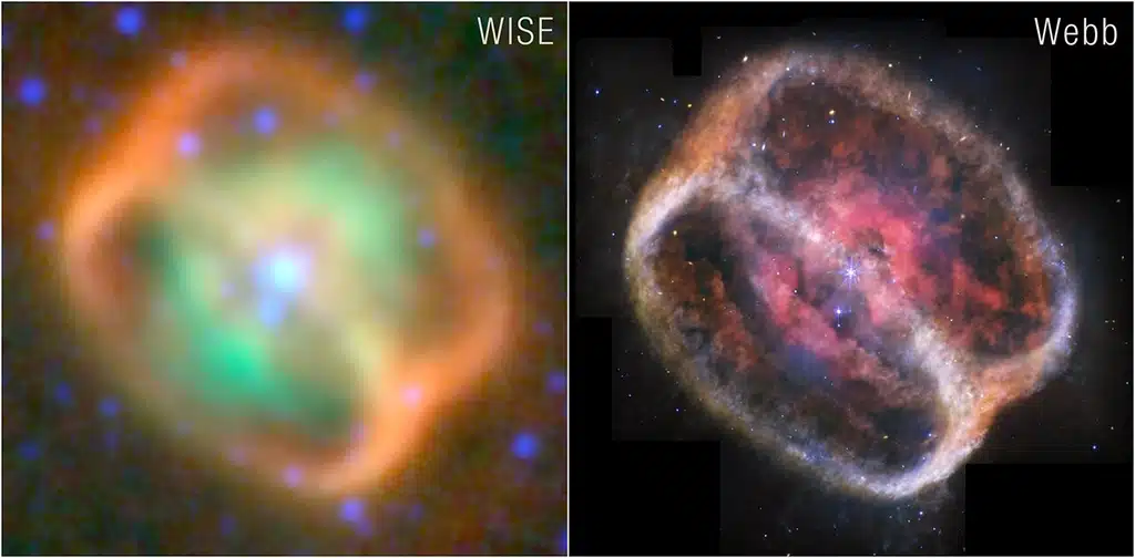 Dos imágenes en infrarrojo de NGC 1514. A la izquierda, una observación del Explorador de Sondeo Infrarrojo de Campo Amplio (WISE) de la NASA. A la derecha, una imagen más refinada tomada por el Telescopio Espacial James Webb de la NASA.