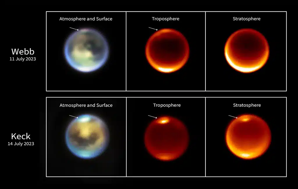 Estas imágenes de Titán fueron tomadas por el Telescopio Espacial James Webb el 11 de julio de 2023 y por los telescopios terrestres W. M. Keck el 14 de julio. En ambas se observan nubes de metano (marcadas con flechas blancas) en el hemisferio norte, pero situadas a distintas altitudes.