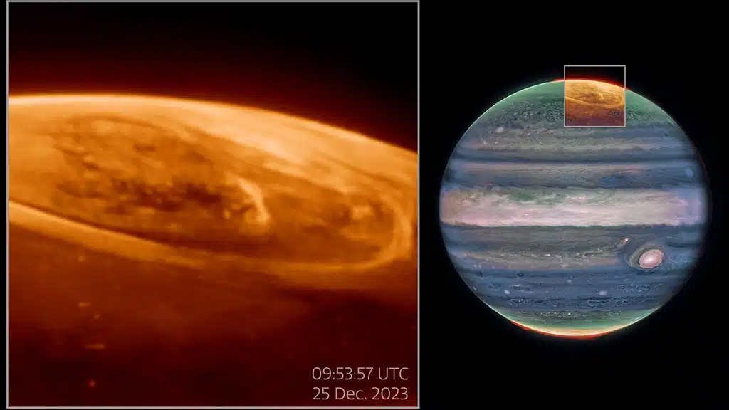 En la imagen de la izquierda, auroras de Júpiter captadas con la Cámara de Infrarrojo Cercano (NIRCam) del telescopio Webb el 25 de diciembre de 2023 (filtro F335M). La imagen de la derecha muestra el planeta Júpiter e indica la ubicación de las auroras observadas, en una imagen publicada originalmente en 2023 (filtros F164N, F212N y F360M).