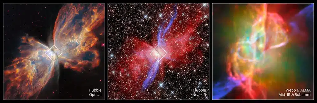 La primera y segunda de las tres imágenes que se muestran aquí destacan la naturaleza bipolar de la Nebulosa de la Mariposa en luz óptica y e infrarrojo cercano, captadas por el Telescopio Espacial Hubble. La nueva imagen del Webb, a la derecha, se centra en el núcleo de la Nebulosa de la Mariposa y su nube toroidal polvorienta, ofreciendo una imagen sin precedentes de su compleja estructura. Los datos del Webb en el infrarrojo medio se complementaron con información de ALMA en el espectro de radio.