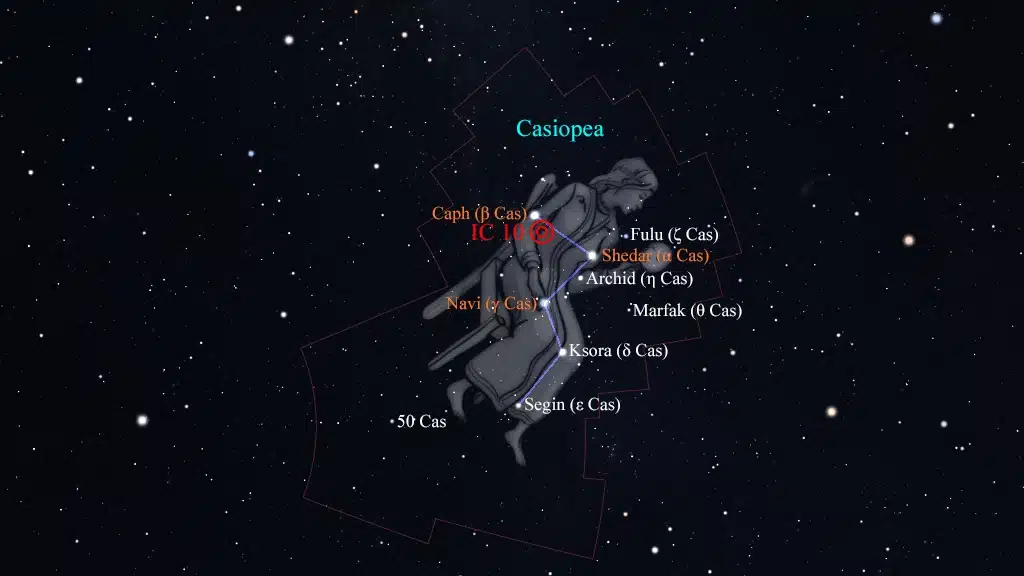 Constelación de Casiopea (Cassiopeia): IC 10, galaxia.