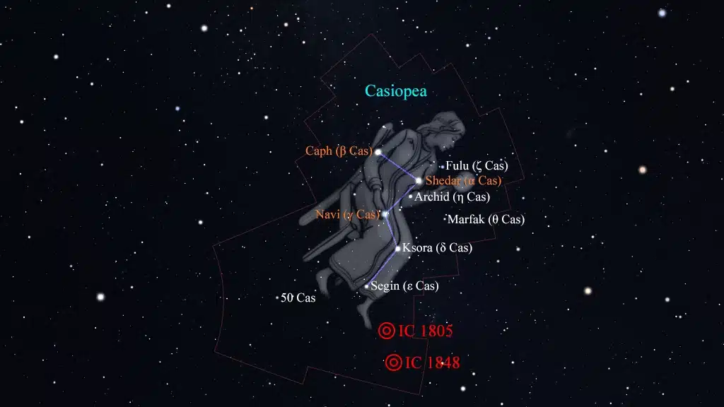 Constelación de Casiopea (Cassiopeia): IC 1805 (Sharpless 2-190), nebulosa "Corazón" y IC 1848 (Sharpless 2-199), nebulosa "Alma".