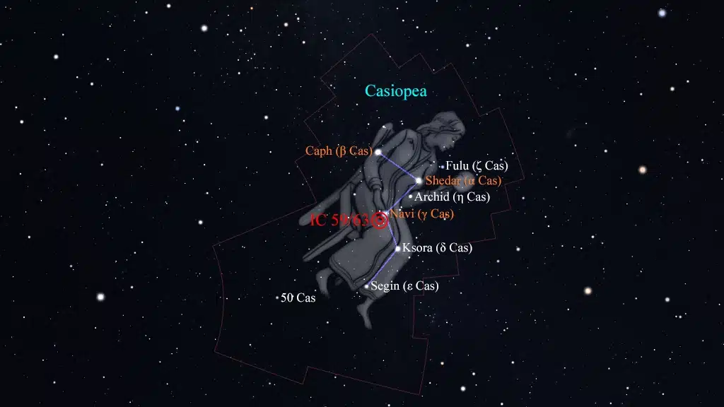 Constelación de Casiopea (Cassiopeia): IC 63 e IC 59, nebulosa "Fantasma de Casiopea".