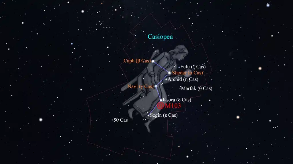 Constelación de Casiopea (Cassiopeia): Messier 103 (NGC 581), cúmulo.