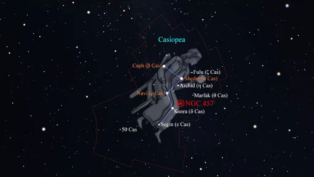 Constelación de Casiopea (Cassiopeia): NGC 457 (Caldwell 13), cúmulo "E.T." o "Búho" o "Libélula".