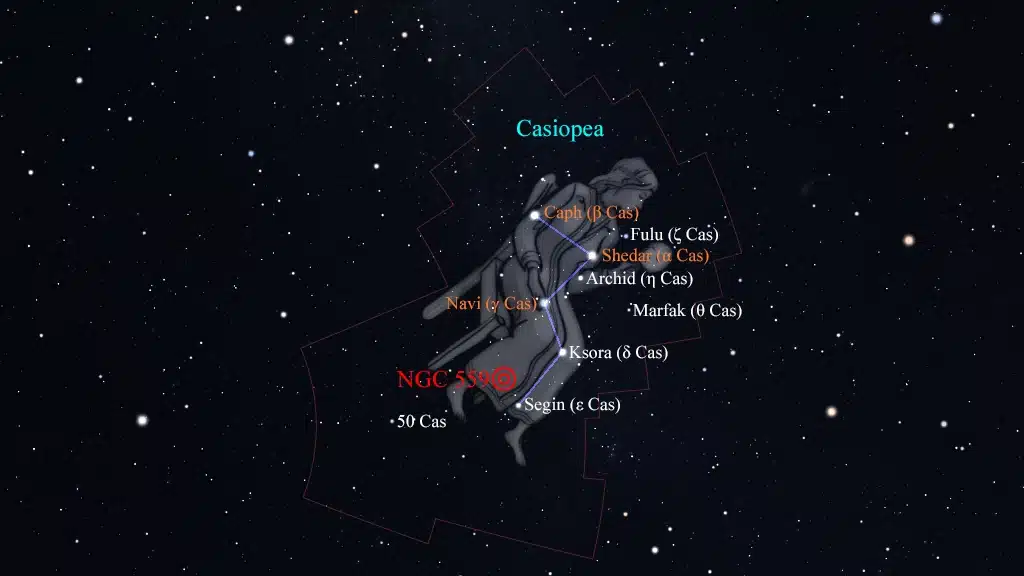 Constelación de Casiopea (Cassiopeia): NGC 559 (Caldwell 8), cúmulo "Cáliz Fantasmal".