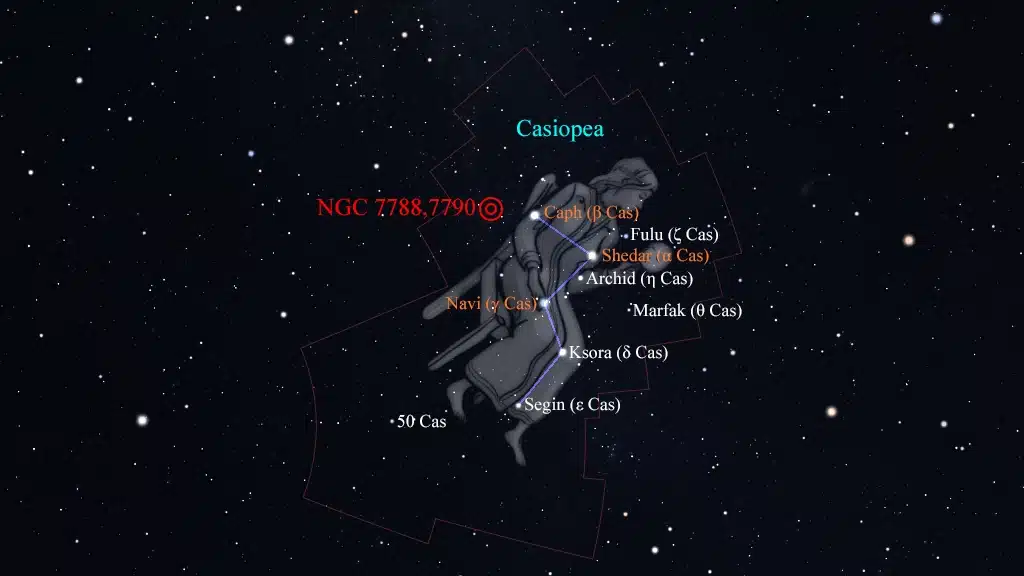 Constelación de Casiopea (Cassiopeia): NGC 7790, "Tela de Viuda Negra" y NGC 7788, cúmulos.