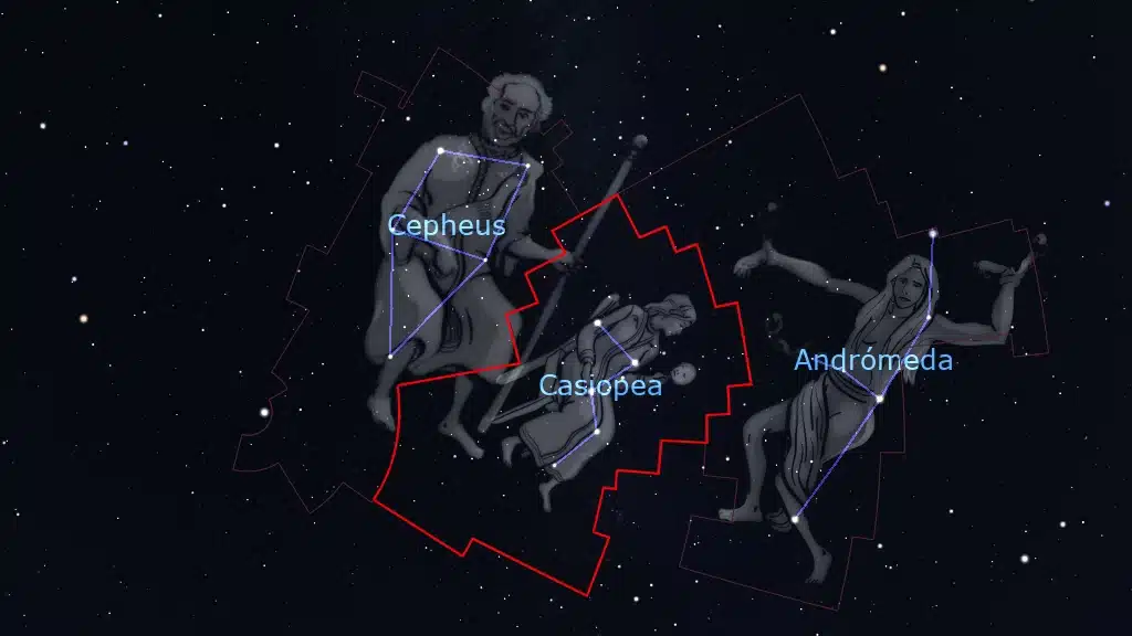 La constelación de Casiopea (Cassiopeia) está situada entre Andrómeda y Cefeo.