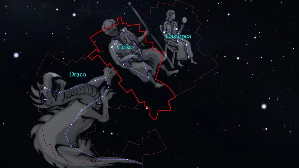 La constelación de Cefeo (Cepheus) está situada entre Draco y Casiopea.