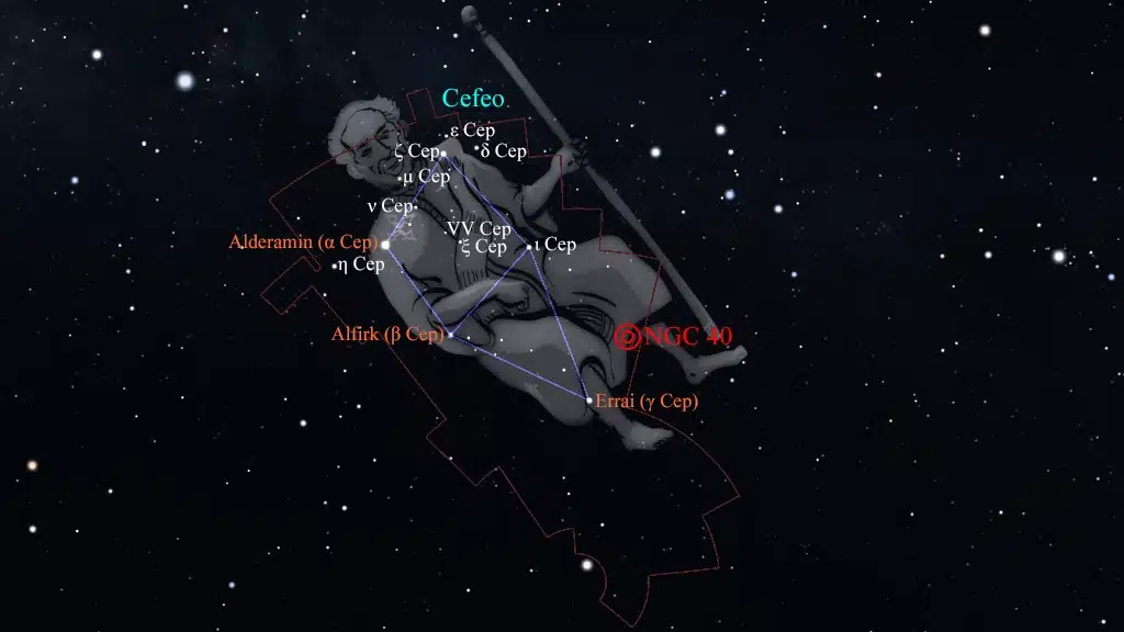 Constelación de Cefeo (Cepheus): NGC 40 (Caldwell 2), nebulosa planetaria "Lazo" o "Escarabajo" y CTA1, remanente de supernova.