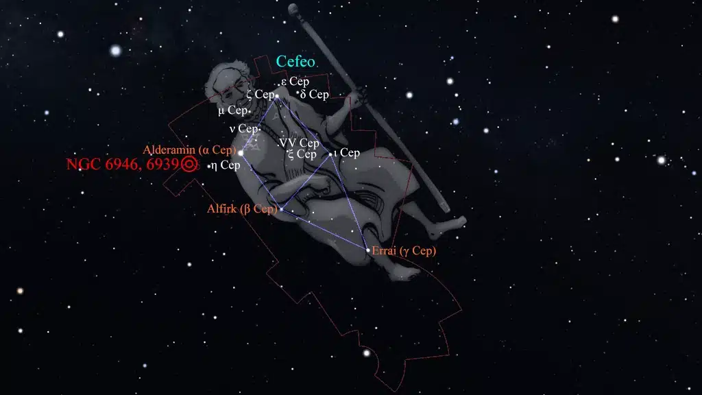 Constelación de Cefeo (Cepheus): NGC 6951 (Arp 29), galaxia "Fuegos Artificiales" y NGC 6939, cúmulo "Zarza Fantasmal" o "Ganso Volador".